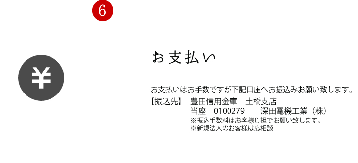 ６．お支払い お支払いはお手数ですが下記口座へお振込みお願い致します。 振込先：豊田信用金庫　土橋支店　当座　0100279　　深田電機工業（株）※振込手数料はお客様負担でお願い致します。※新規法人のお客様は応相談